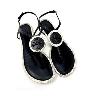 Tory Burch Miller Fringe Ankle Strap Sandals - Black & Off White